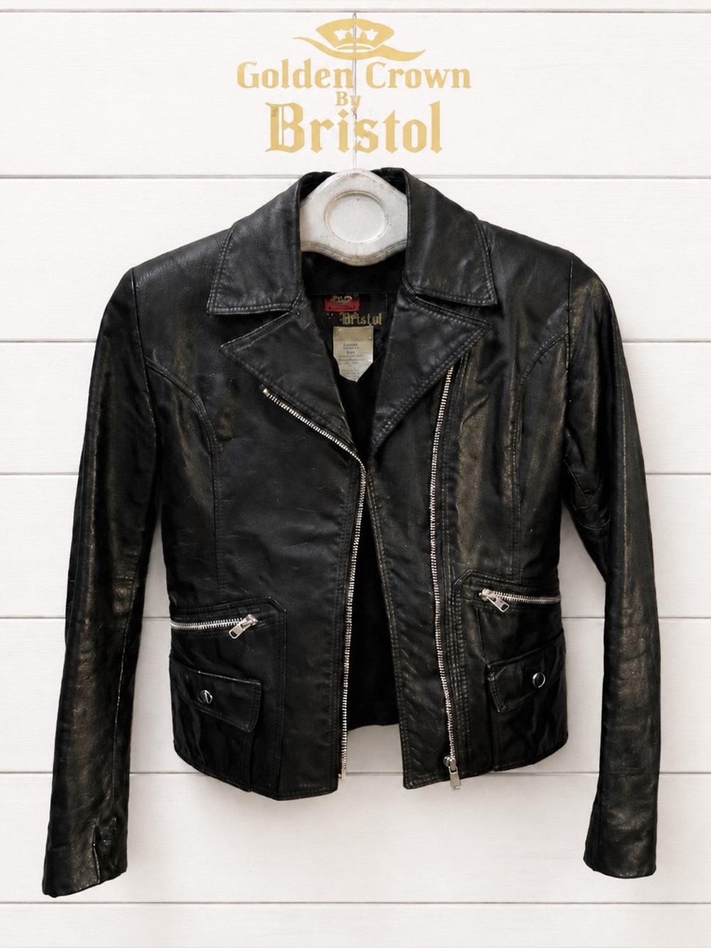 BRISTOL Golden Crown Black Leather Moto Jacket – Size 4–6